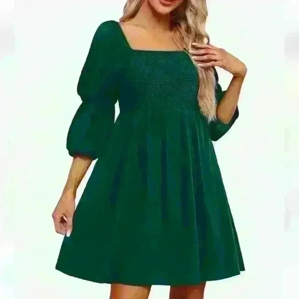 OFEEFAN | Women's Dark Green 3/4 Puff Sleeve Square Neck Smocked Mini D…